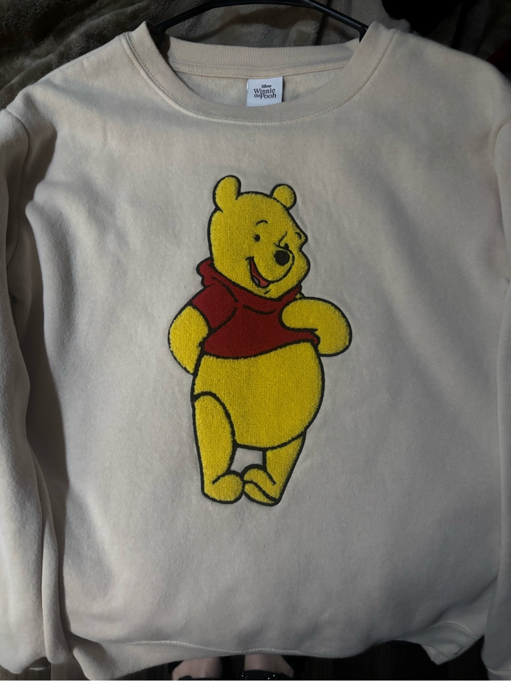 Disney Cream Winnie the Pooh Sweatshirt with Red and Yellow Applique